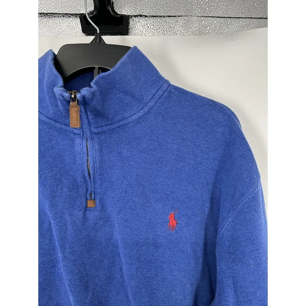 Polo Ralph Lauren Sweater Mens 2XL 1/4 Quarter Zip Knit Royal Blue Leather Tab